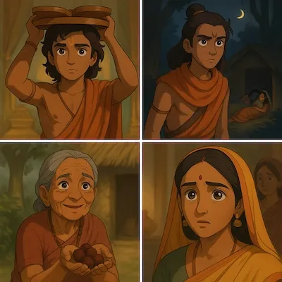 A Ghibli-style illustration of four symbolic figures from the Ramayan: Bharat offering sandals in a palace, Lakshman standing guard in a forest, Shabari offering fruit with love, and Kaushalya praying under the moonlight. Each represents deep devotion and sacrifice.