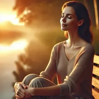 A realistic image of a woman sitting peacefully alone on a wooden bench by a calm lake at sunset, appearing relieved and content, symbolizing the serenity that forgiveness brings.