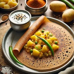 Crispy Kuttu Dosa stuffed with spiced potato, served with yogurt — a wholesome, gluten-free dish for fasting days.