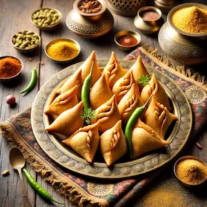Crispy water chestnut flour samosas filled with a charoli and spice mixture, served on a traditional plate with green chilies and vrat chutney — perfect for Navratri fasting.