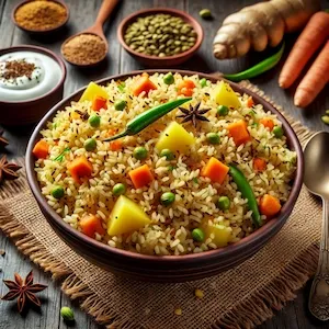 Barnyard millet pulao served with vrat vegetables like carrots and potatoes, lightly spiced and garnished with cumin seeds and coriander.