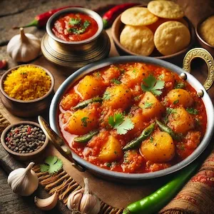 Vrat-style potato curry in tomato gravy, served with kuttu puris and sama rice on a traditional Indian setup.