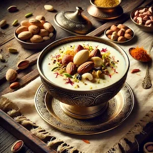 Bowl of creamy Makhana Kheer made with foxnuts, milk, saffron, and cardamom, garnished with chopped nuts and served warm or chilled — a vrat-friendly dessert for fasting days.