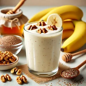 A tall glass of creamy Banana Walnut Lassi topped with chopped walnuts and banana slice, with ingredients like bananas, yogurt, flax seeds, and honey in the background on a wooden surface.