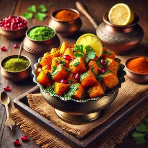 Bowl of Sweet Potato Chaat made with boiled or roasted shakarkandi, mixed with green chutney, lemon juice, rock salt, and cumin, garnished with coriander and pomegranate — a vibrant vrat-friendly snack.