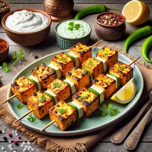 Grilled Paneer Tikka cubes marinated in vrat-friendly spices, served with mint chutney, lemon wedges, and coriander, displayed on a rustic wooden table.