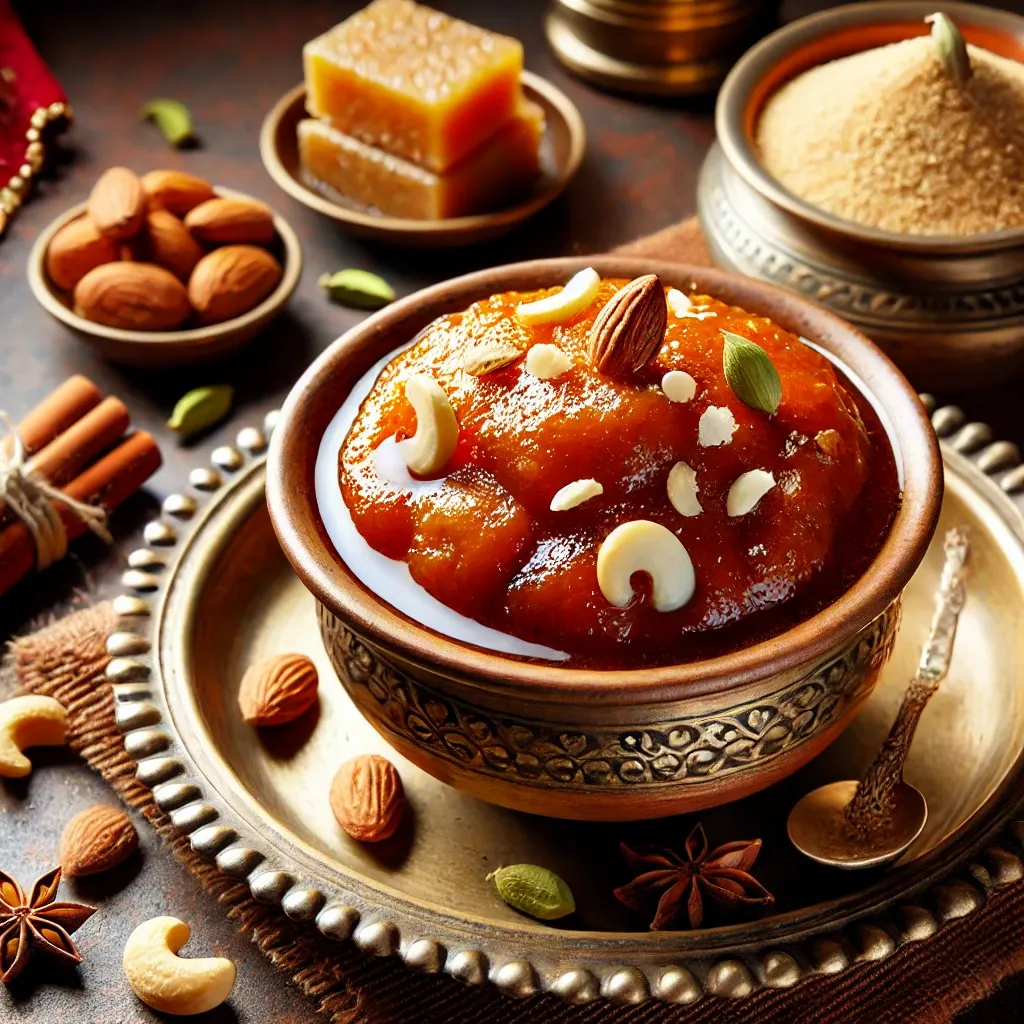 Golden Singhare Ka Halwa garnished with nuts, served in a traditional bowl, ideal for Navratri fasting.