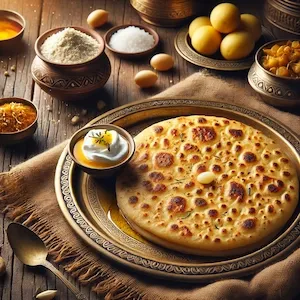 Golden brown Rajgira Paratha made with amaranth flour and mashed potatoes, served on a traditional plate with curd and a side of vrat-friendly aloo sabzi — a nourishing and gluten-free meal for fasting days.