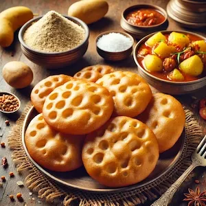 Golden, puffed Kuttu Ki Puris served on a plate with vrat-style aloo sabzi, with buckwheat flour, potatoes, and rock salt displayed on a rustic wooden table.