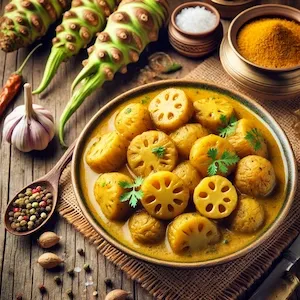 Colocasia curry (Arbi Ki Sabzi) in a golden, mildly spiced gravy, garnished with coriander and served with fasting-friendly puris on a rustic wooden background.