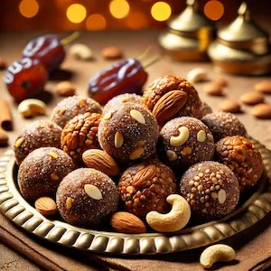 A close-up of Dry Fruits Ladoo (Dry Fruit Energy Balls) arranged on a decorative brass plate. The round ladoos have a coarse, nutty texture with visible bits of almonds, cashews, and walnuts, surrounded by scattered dried fruits. Warm festive lighting highlights their wholesome and traditional appeal.