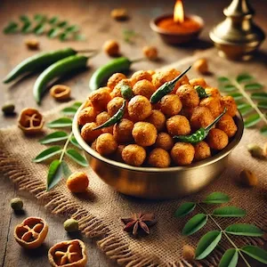 A rustic brass bowl filled with golden, crunchy Makhana Namkeen (spiced foxnuts), garnished with crisp curry leaves and pieces of fried green chili. A few foxnuts and leaves are scattered on the wooden surface around the bowl, with warm festive lighting enhancing the snack’s light and crunchy appeal.