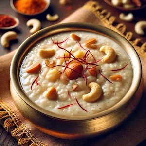 A brass bowl filled with creamy Rajgira Kheer (amaranth pudding), topped with saffron strands, chopped almonds, and cashews. The light beige pudding has a glossy texture with visible grains of amaranth. The bowl is set on a wooden table with a festive cloth underneath, surrounded by scattered nuts for garnish.