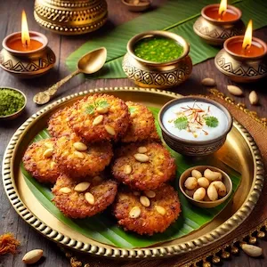A traditional brass plate with a stack of hot, golden-brown Sabudana Vadas, showing their crunchy texture with bits of peanuts and herbs peeking through.