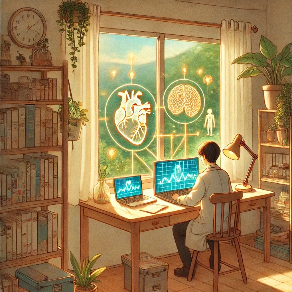 A Studio Ghibli–inspired illustration of a cozy study room where a researcher sits at a wooden desk surrounded by books, plants, and a laptop. On the desk glows a holographic image of a heart and brain connected by streams of golden light, symbolizing the union of science and emotions. Sunlight filters through a large window with greenery outside, creating a serene and hopeful atmosphere.