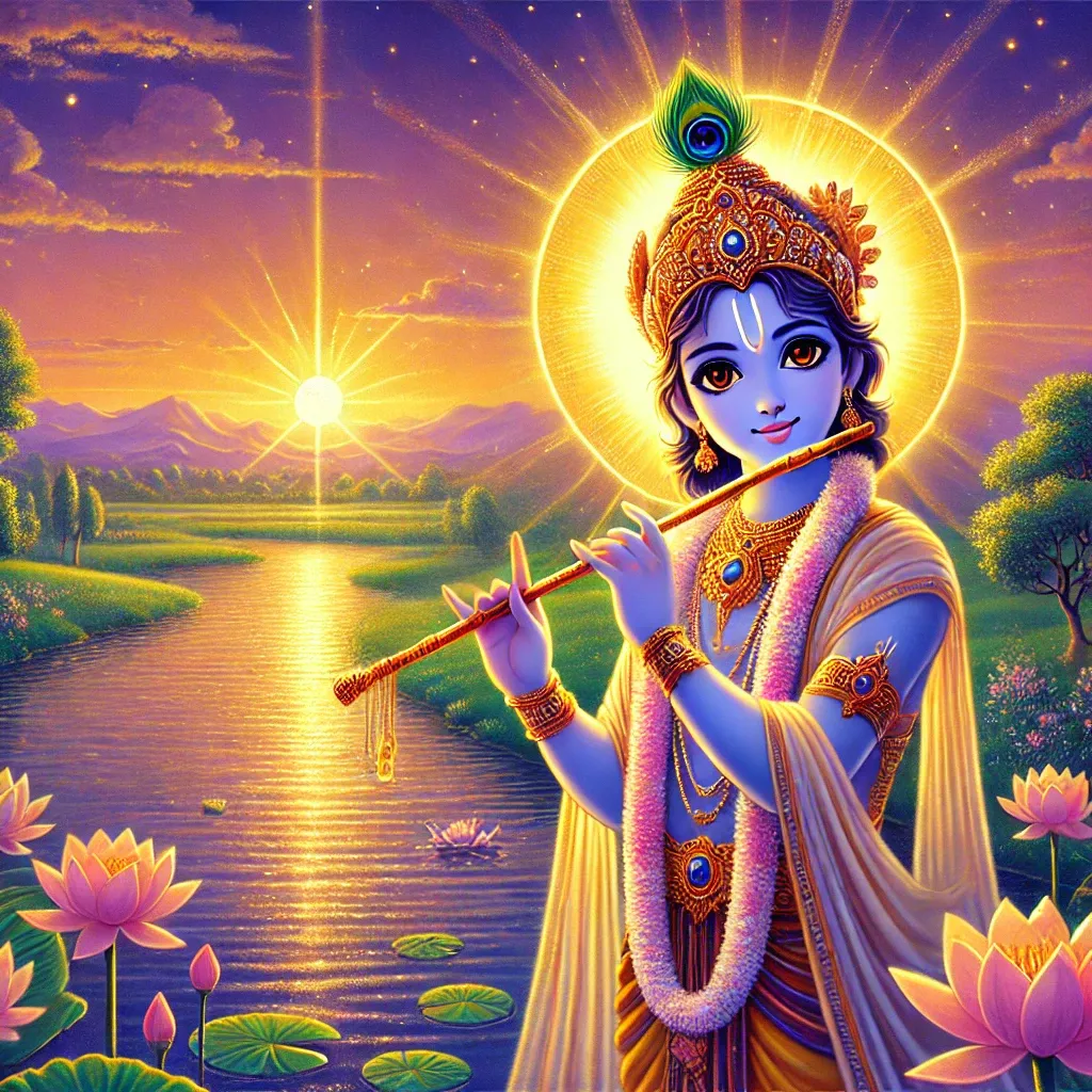A Studio Ghibli–inspired illustration of Lord Krishna standing gracefully beside a serene riverbank at sunset, holding a flute. Golden divine light glows softly around him, while lotus flowers float gently on the water. Lush greenery and distant mountains frame the scene, creating a tranquil atmosphere symbolizing the spiritual power of forgiveness from the Bhagavad Gita.