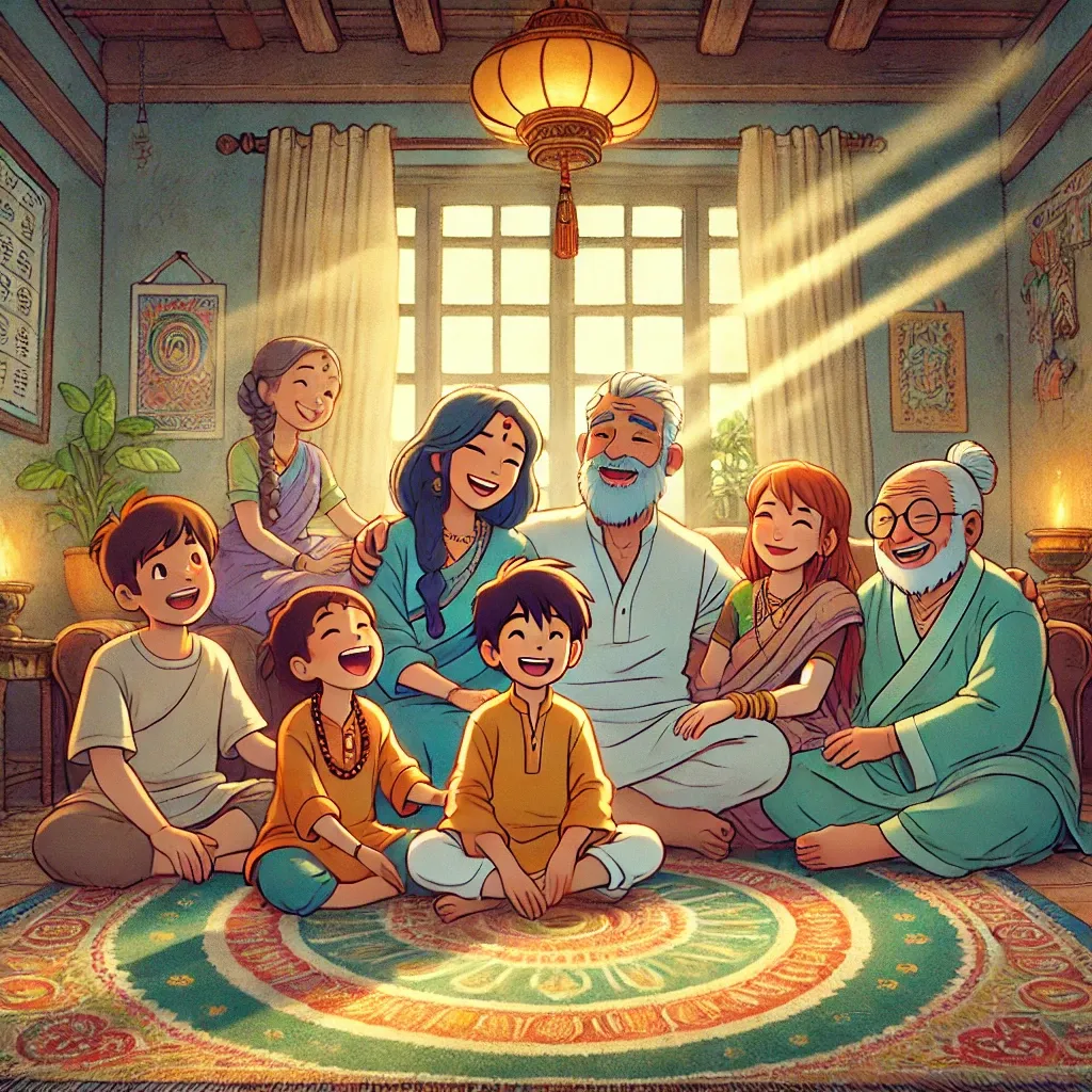 A Studio Ghibli–inspired illustration of a joyful Indian family sitting together in a cozy living room. Parents, children, and grandparents smile warmly at each other, surrounded by traditional Indian decor, colorful cushions, and sunlight streaming through the window. The atmosphere radiates love, unity, and harmony, symbolizing how forgiveness nurtures peace and togetherness in relationships.