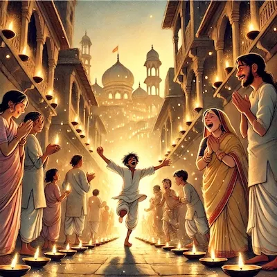 A Ghibli-style scene of ancient Ayodhya at dawn, with villagers lighting ghee lamps in the streets to welcome Lord Ram’s return.