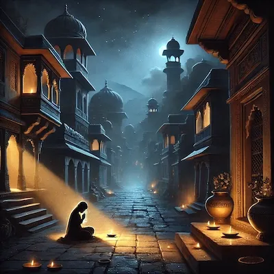 A Ghibli-style night scene of Ayodhya in emotional darkness. A single diya glows at a doorstep, where a grieving Indian woman kneels in prayer, symbolizing the sorrow of Ram’s exile.