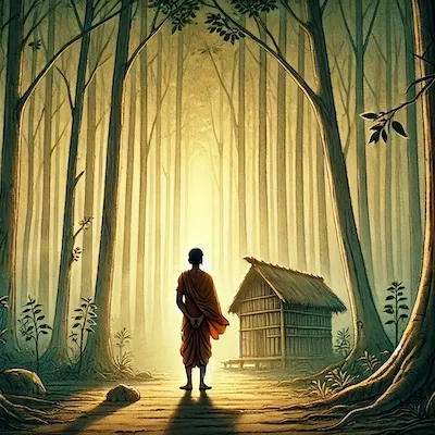 A Ghibli-style illustration of a spiritual seeker standing barefoot at the edge of a dark forest path. A soft golden light breaks through the trees, symbolizing divine grace through hardship and exile.