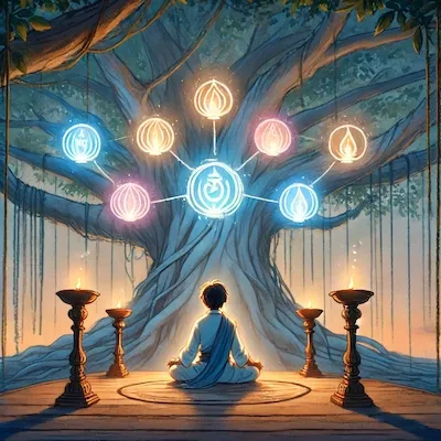 A meditating Indian seeker sits under a large banyan tree at twilight, surrounded by five glowing diyas floating in the air—symbolizing knowledge, devotion, sacrifice, discipline, and surrender.