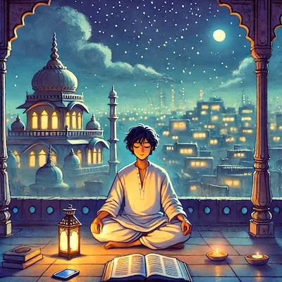 A modern Indian spiritual seeker meditates on a rooftop under a starry night sky, with a diya lit in front, a Gita book beside them, and their phone set aside — symbolizing inner connection in a digital age.