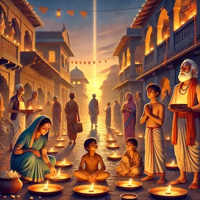 Studio Ghibli-style artwork showing the ancient city of Ayodhya at twilight, glowing with anticipation and spiritual longing as Lord Ram returns from exile.