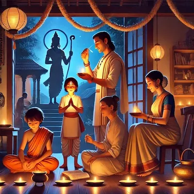 A Studio Ghibli-style illustration of a modern Indian family celebrating Diwali through spiritual practices — lighting diyas, chanting, and reading scripture — in a peaceful home environment.