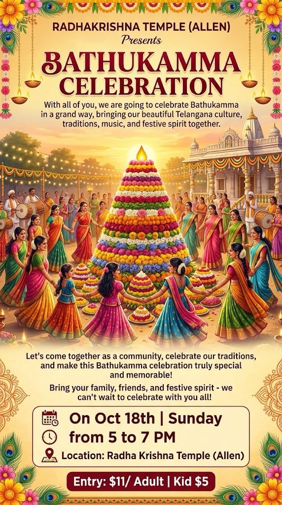 Bathukamma Celebration poster, Sunday Oct 18, 5–7 PM, Radha Krishna Temple Allen, $11 adult / $5 kid