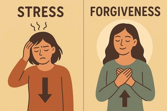 An illustration symbolizing the choice between stress and forgiveness, reflecting the inner journey from tension to peace.