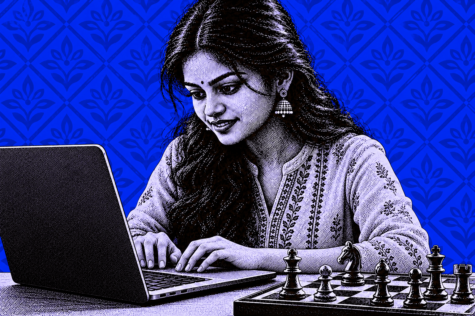 Girl focused on a plain laptop with a chessboard beside her