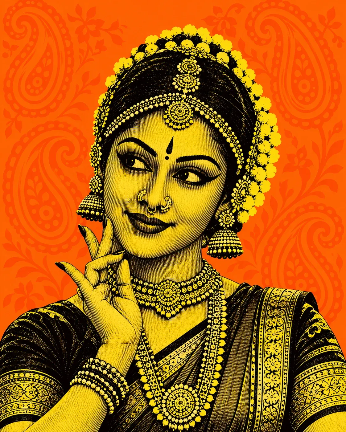 Classical dancer in a portrait-format Indian print