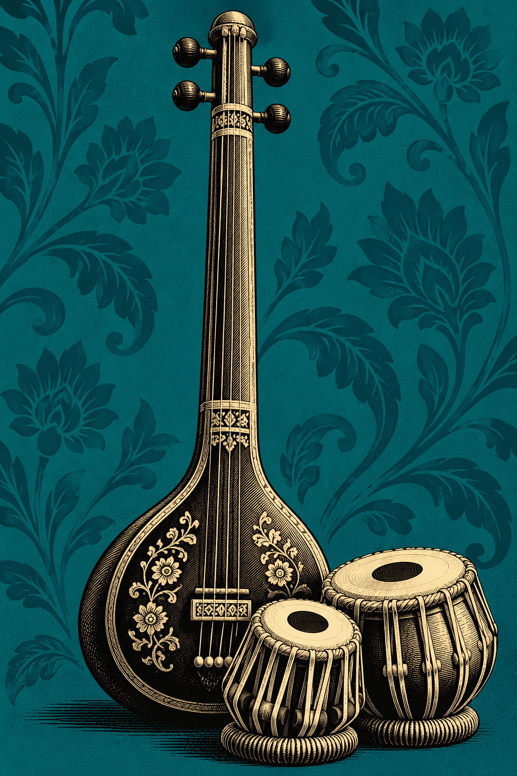 Tanpura and tabla in a portrait-format Indian print