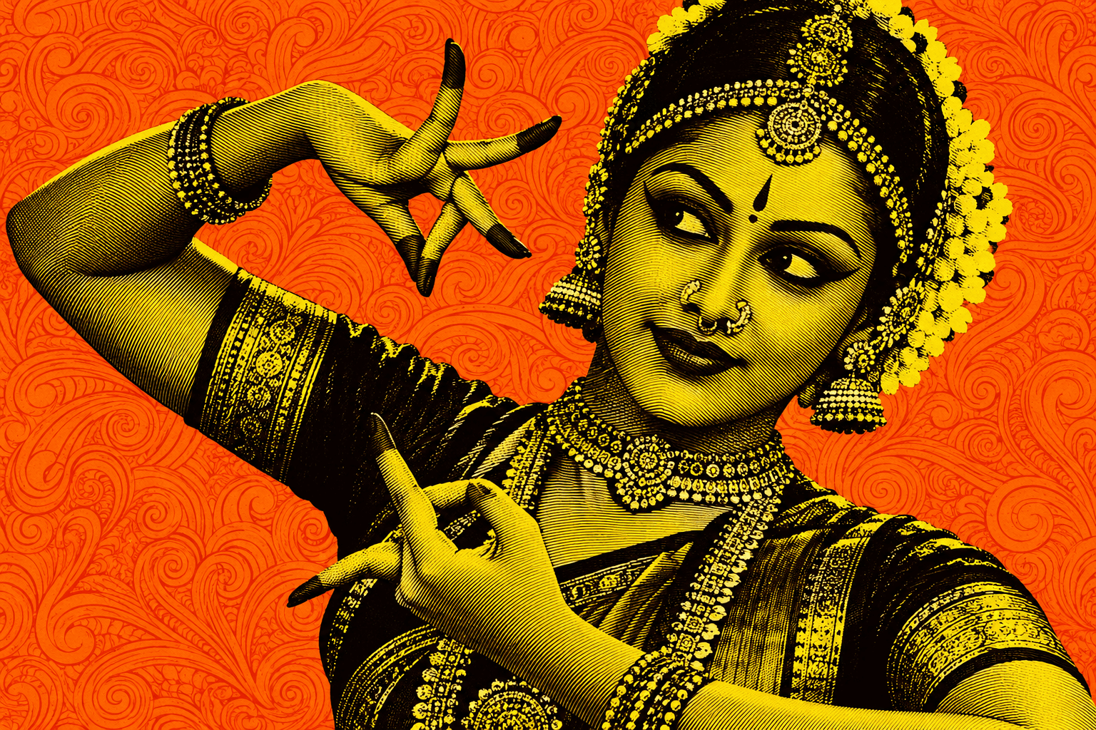 Classical dancer on a saffron paisley background