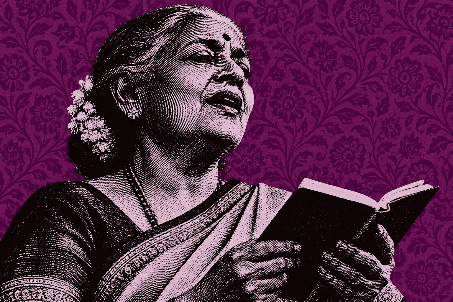 Woman reciting from a book on a plum floral background