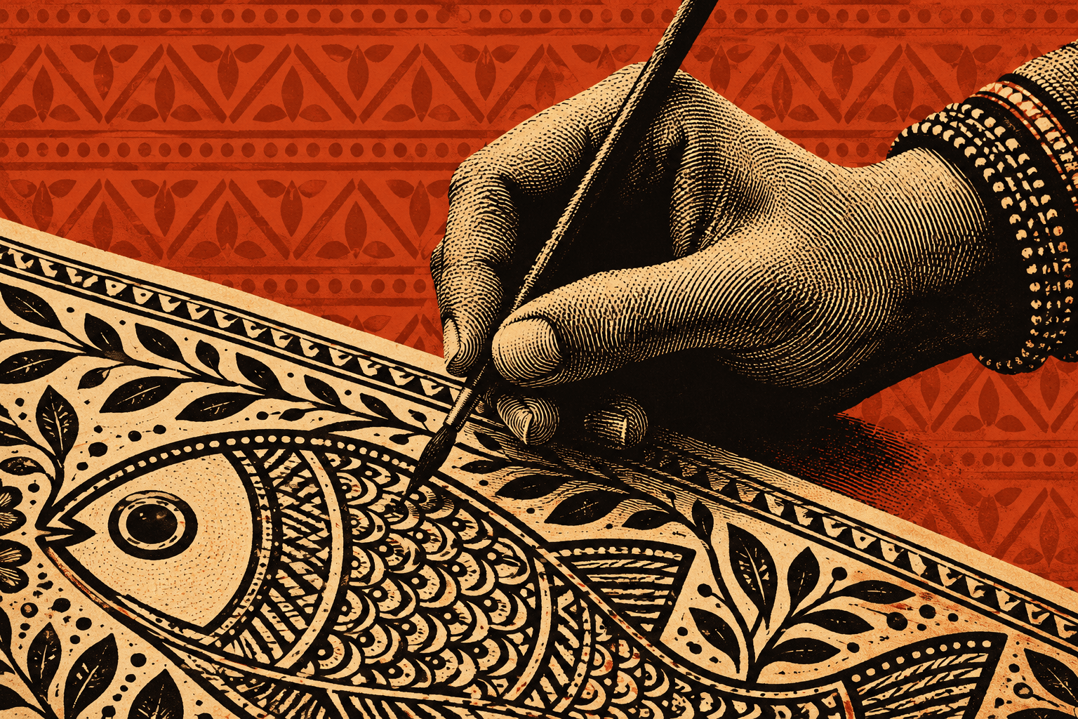 Artist painting Madhubani on a terracotta patterned background